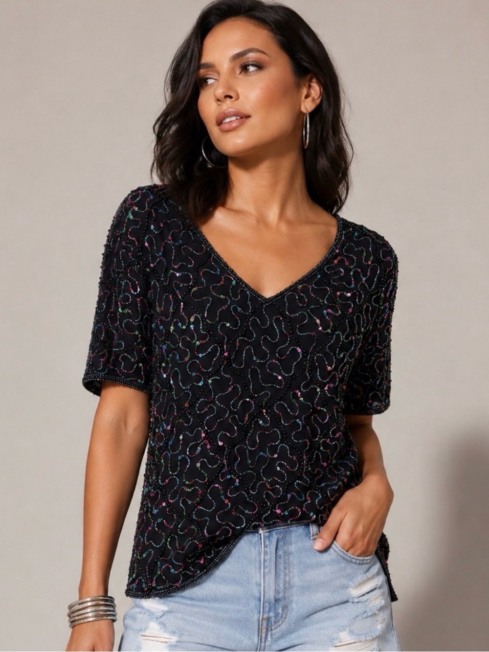 Stunning Black Colorful Beaded & Sequin Top